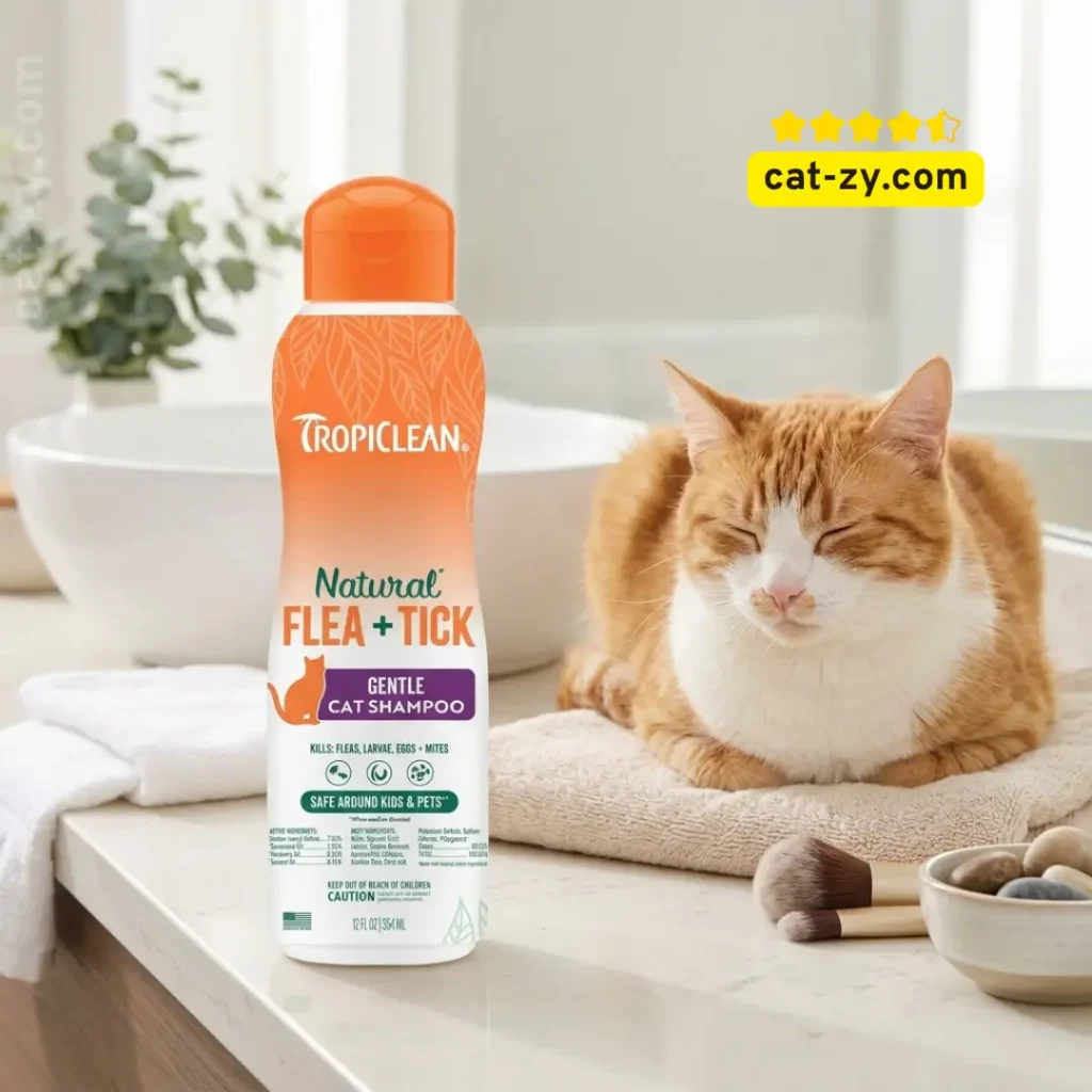 TropiClean Gentle flea shampoo for cats next to a cat, featured in a grooming article on cat-zy.