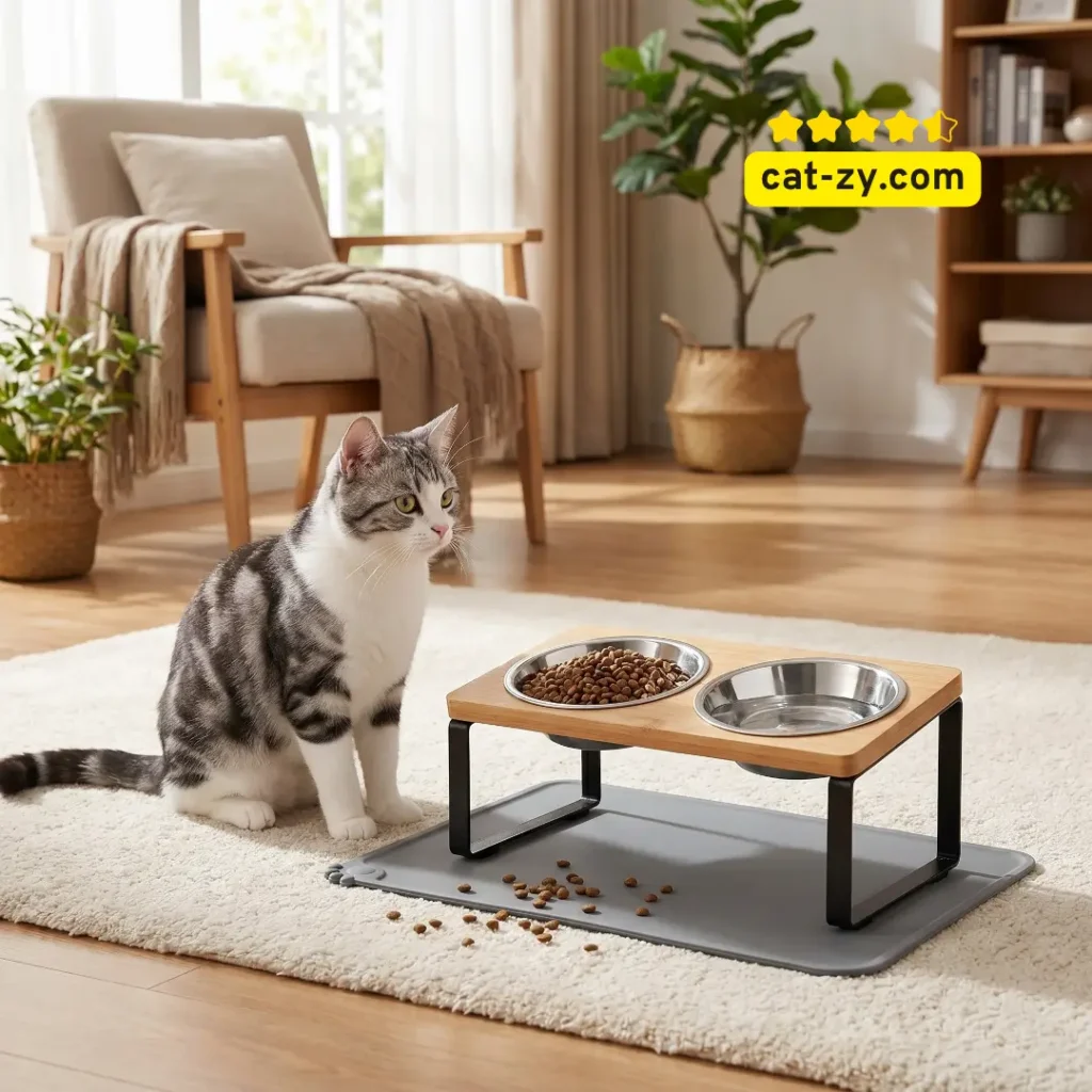 Upgraded elevated cat bowls on a tilted stand with a food mat featured on cat-zy, discussing why some owners search for black cats for sale and how to feed them comfortably.