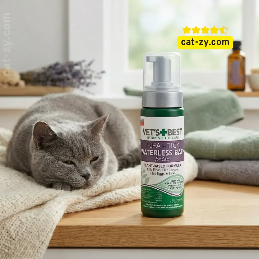 A bottle of Vet's Best Flea and Tick Waterless Bath Foam for cats, featured on cat-zy as a helpful flea shampoo for cats alternative for effective pet care.