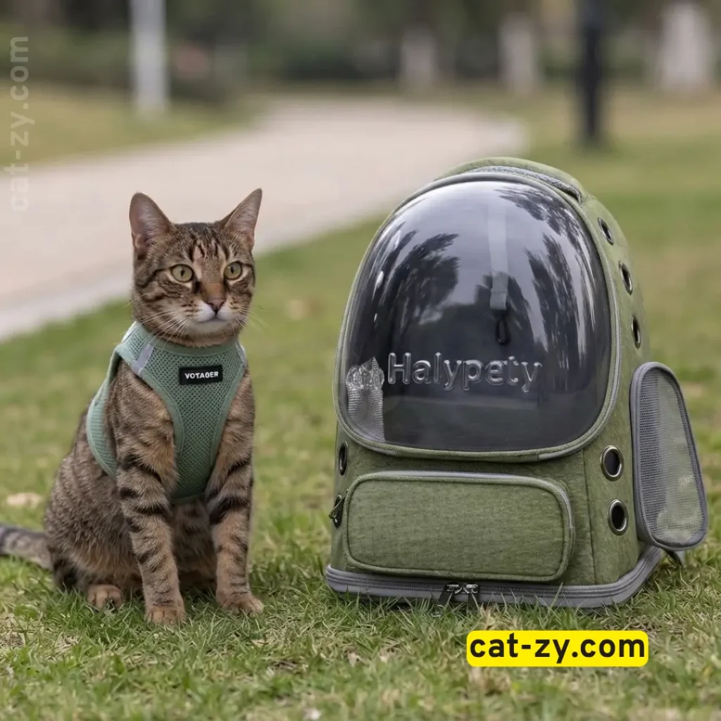 A cat with a harness resting beside a mesh pet backpack in a park, representing outdoor safety in how to harness train a cat on Cat-zy.