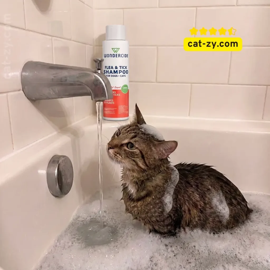Wondercide Flea and Tick Shampoo bottle displayed in a bathroom scene with a wet cat on cat-zy guide for flea shampoo for cats