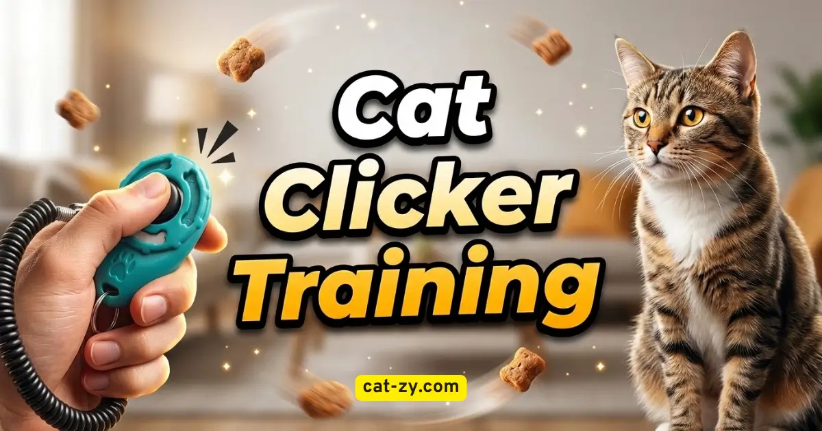A smart cat focusing on a training clicker with a subtle soundwave effect, framing the title cat clicker training on cat-zy.com.