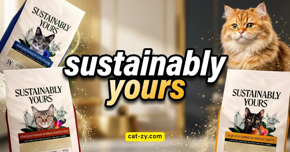 Sustainably Yours natural cat litter formulas with a cute golden kitten flanking an empty center for the article "How To Choose Sustainably Yours For 3 Insane Benefits".