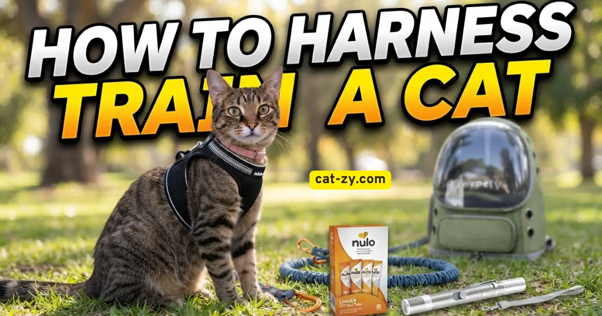 A brown tabby cat wearing a secure harness sitting outdoors, featured in a cat-zy article guide on how to harness train a cat.