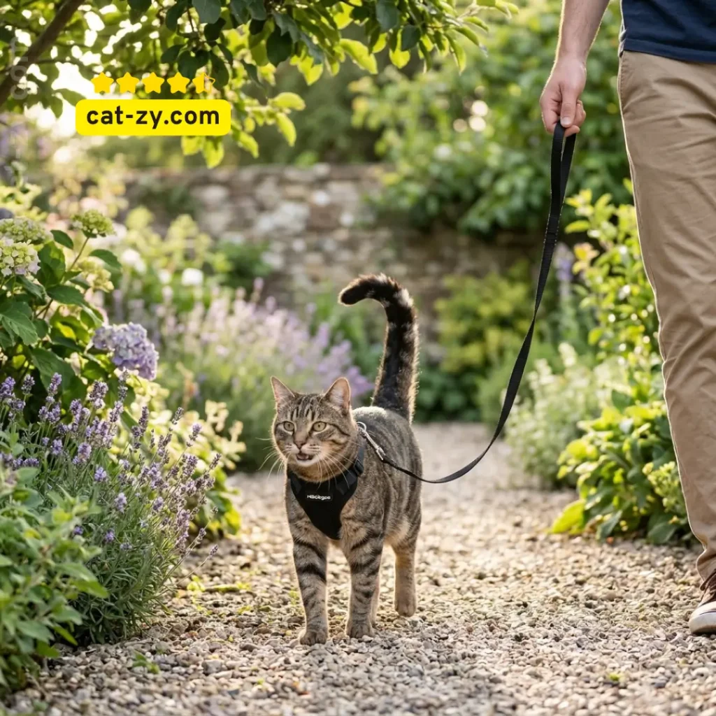 A cute cat wearing the rabbitgoo escape proof harness, featured in a helpful guide for how to harness train a cat on cat-zy.