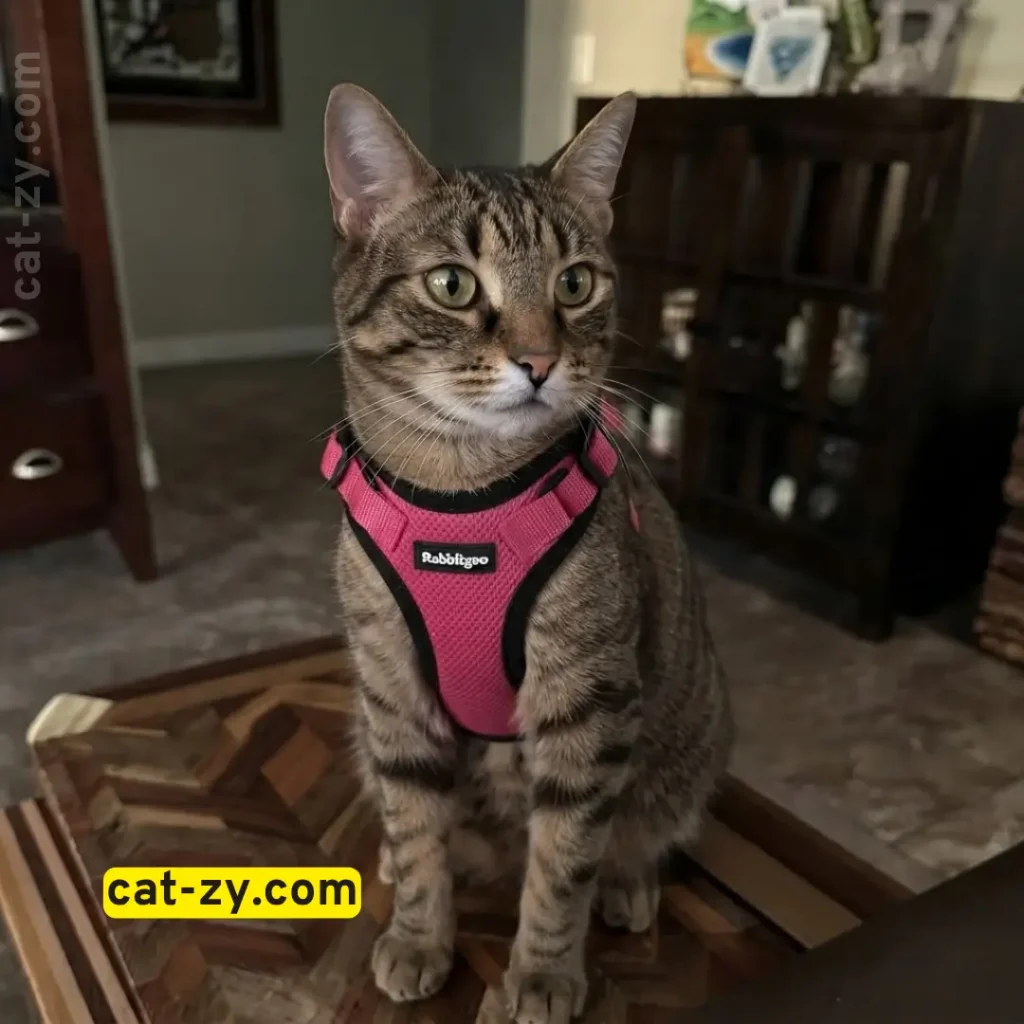A brown tabby cat sitting indoors wearing a pink harness while practicing how to harness train a cat on cat-zy.
