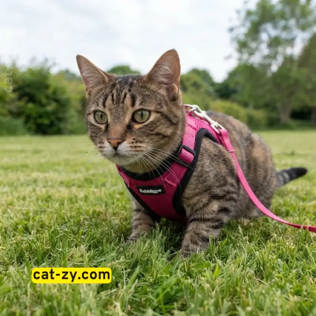 A brown tabby cat crouching on green lawn during an outdoor guide on how to harness train a cat on cat-zy.