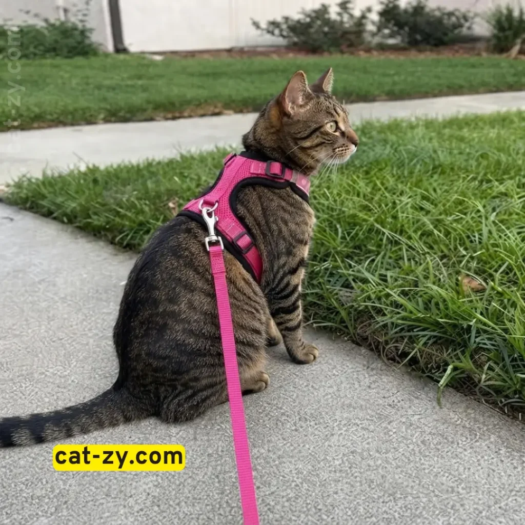 A cat sitting on a concrete sidewalk during a walk following steps on how to harness train a cat from cat-zy.