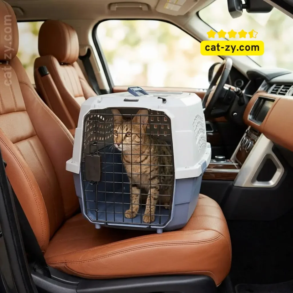 A secure Amazon Basics 2-door top-load pet carrier for safe transport by a Savannah cat breeder on cat-zy.