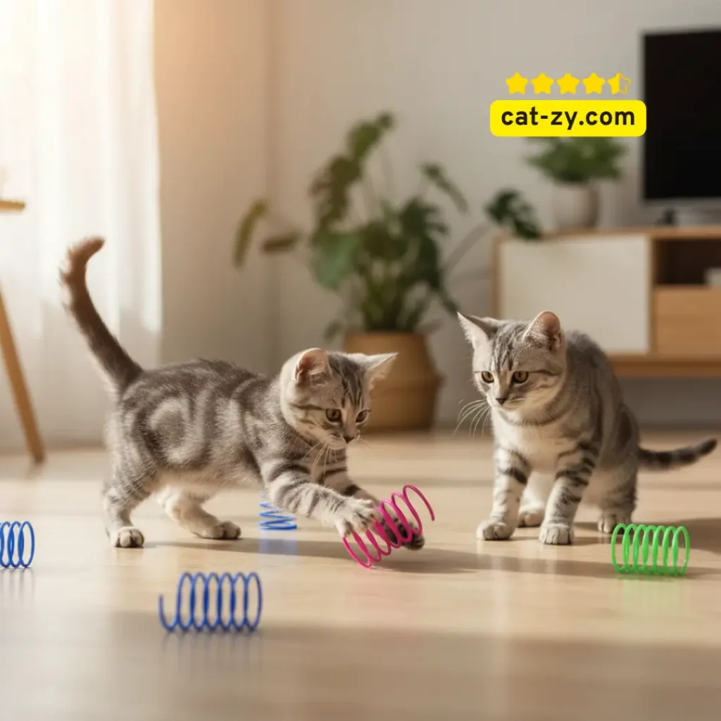 A playful grey tabby cat actively batting a colorful cat toy springs across a wooden floor, showcasing dynamic feline enrichment featured on cat-zy.
