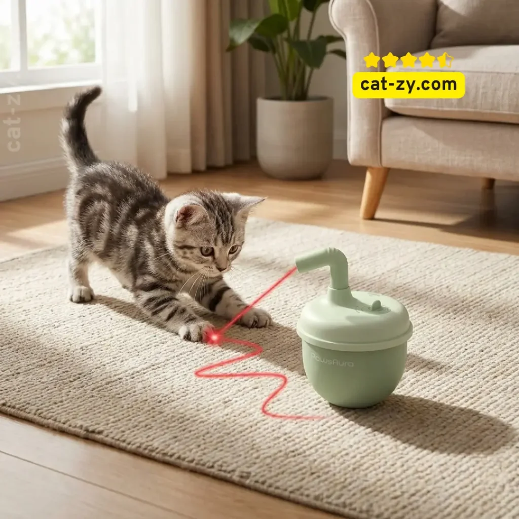 An automatic cat toy with a 360-degree auto-spin laser and catnip hole reviewed on cat-zy, showing a kitten playfully interacting with the red laser dot on a cozy living room rug.