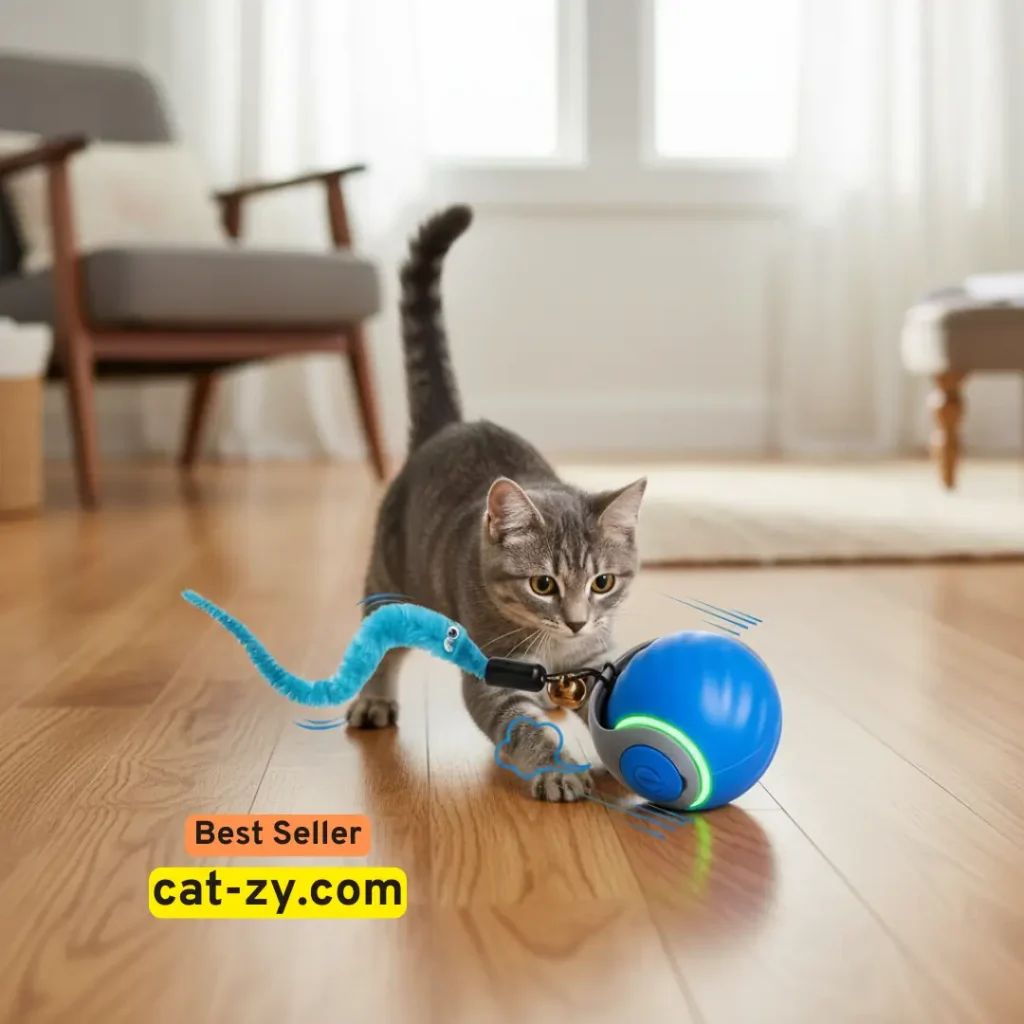 Blue BABORUI interactive cat toy ball on living-room floor with a cat playing around it under natural light _ cat zoomies _ cat-zy