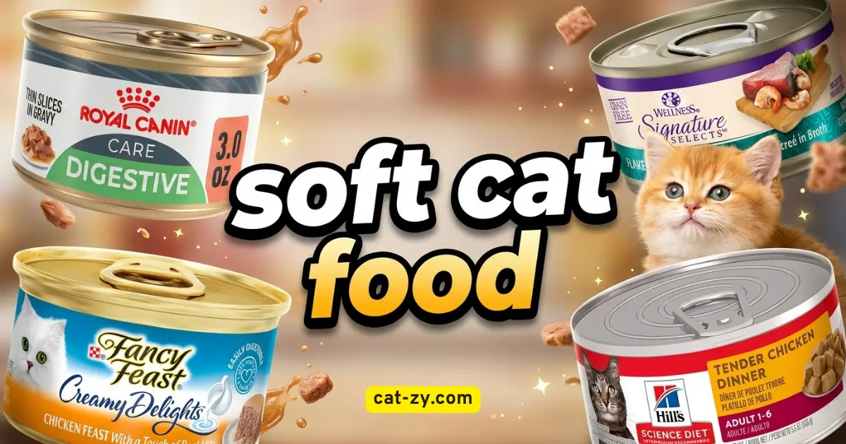 Premium soft cat food cans including Royal Canin, Wellness Signature Selects, Fancy Feast, and Hill's Science Diet with a cute golden kitten
