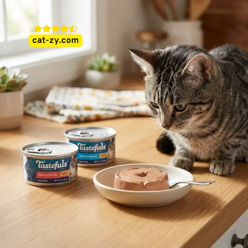 A natural, realistic photo of a cat eating Blue Buffalo Tastefuls soft cat food at home, as featured on cat-zy