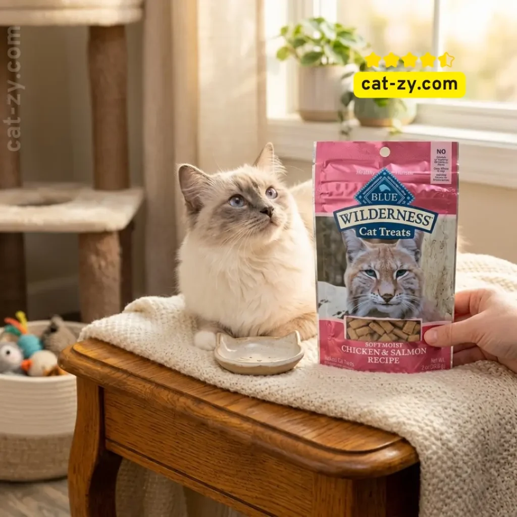 A cat waiting for natural cat food treats from Blue Buffalo Wilderness, as featured in our guide on cat-zy