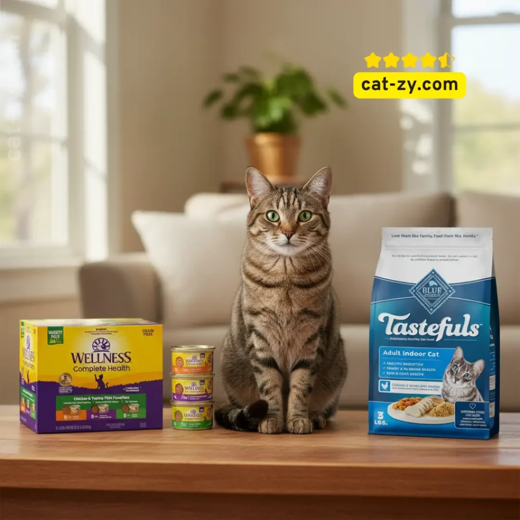 A side-by-side display of Wellness Complete Health wet cat food and Blue Buffalo Tastefuls dry cat food, provided by cat-zy to help answer is temptations cat food good for cats compared to full meals.