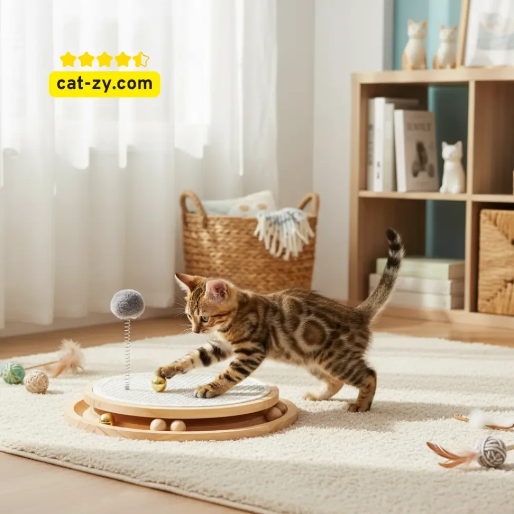 Bengal kitten playing with Cat Scratcher, interactive sisal pad, cat-zy