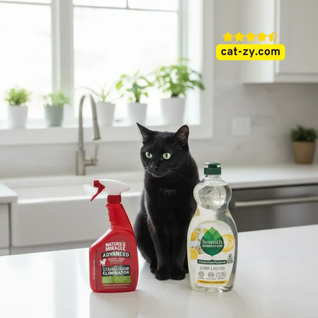 A single bottle of Nature’s Miracle Stain Eliminator and a single bottle of Seventh Generation Dish Soap side-by-side on a clean counter with a black cat, a helpful visual for cat-zy readers learning about deep cleaning and how often to change cat litter.