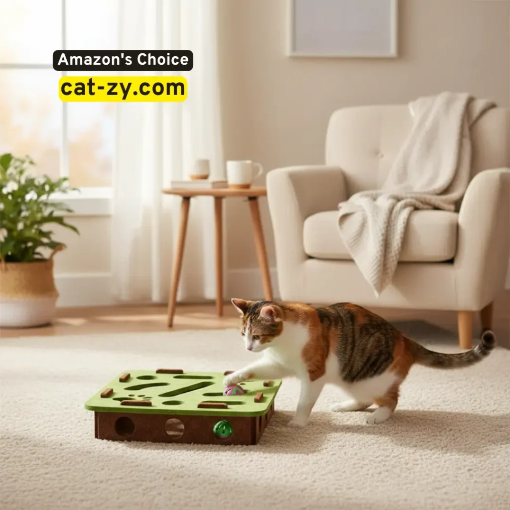 Domestic cat playing with felt maze puzzle box on a wooden floor in a softly lit living room.