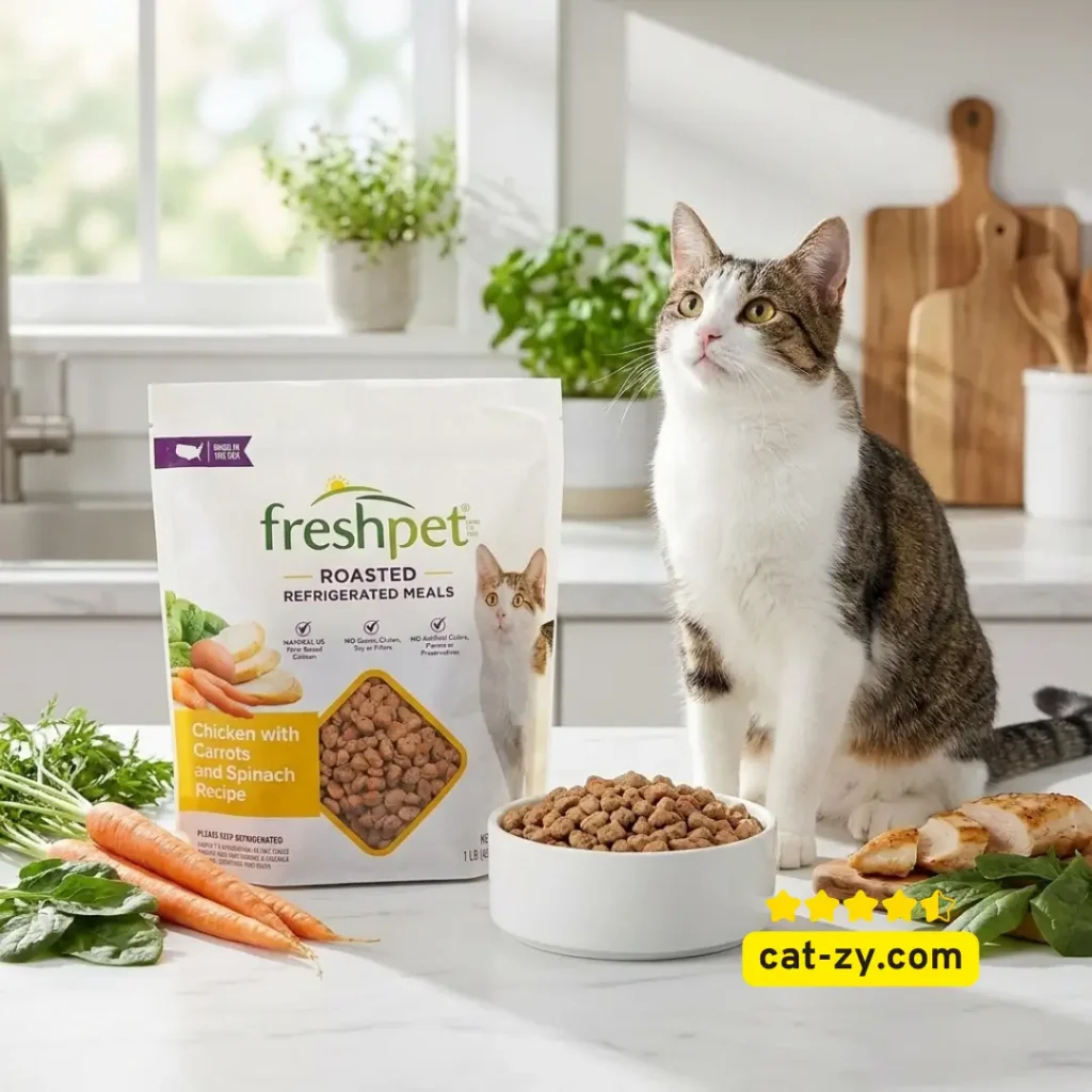 Fresh Pet Select Roasted Chicken with Carrots and Spinach recipe representing fresh cat food on cat-zy.