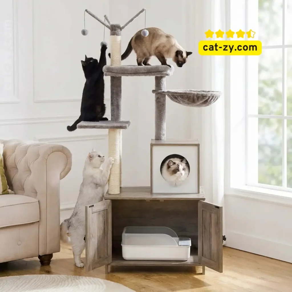 The HOOBRO Cat Tree Tower with hidden litter box enclosure, featuring a Greige wooden finish, on cat-zy.
