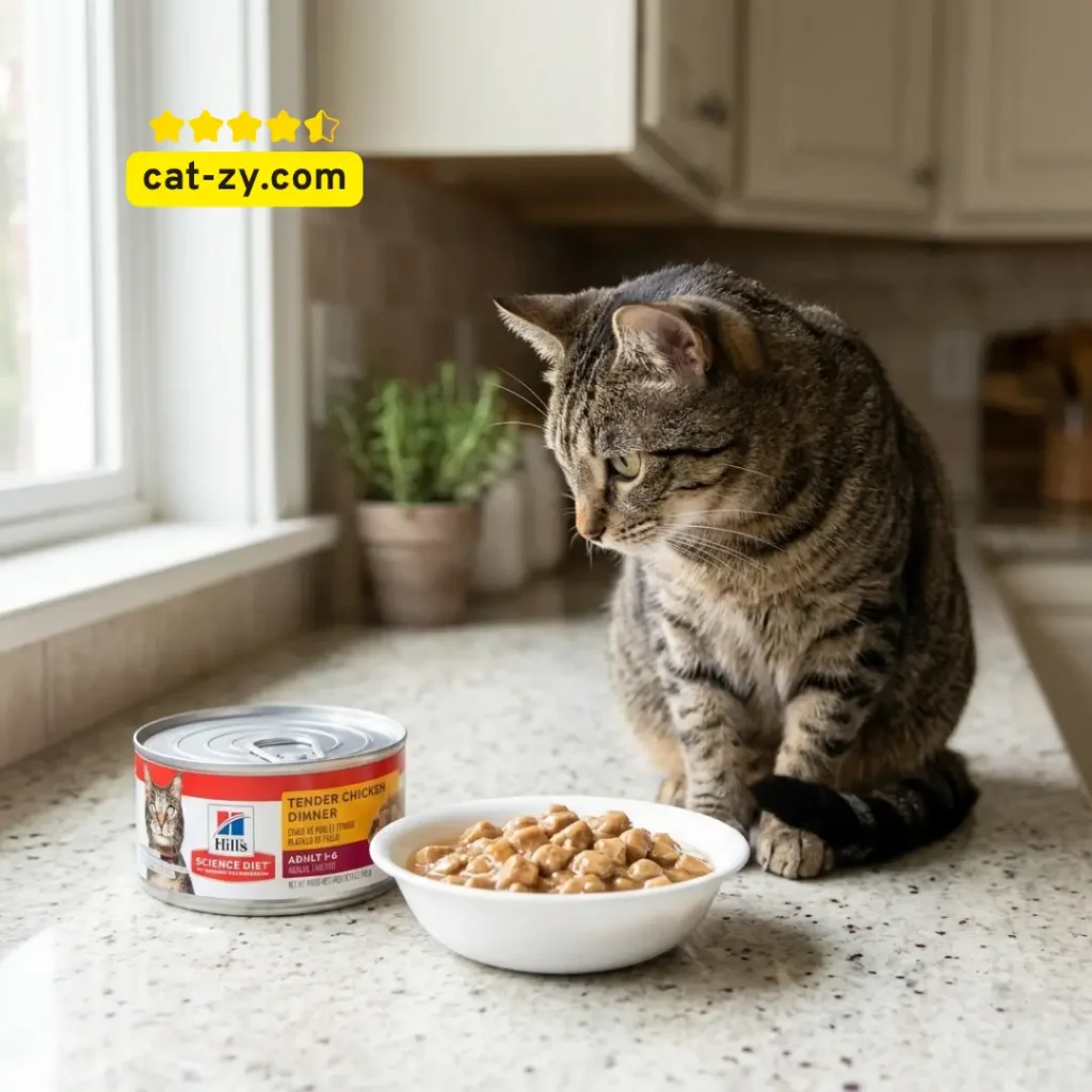 A natural, realistic photo of a cat eating Hill's Science Diet soft cat food at home, as shown on cat-zy.