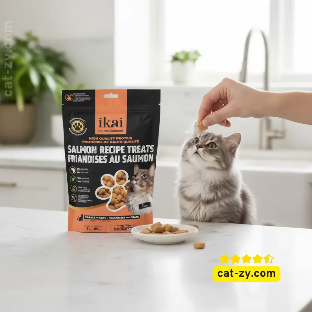 Premium IKAI Patagonian Salmon Cat Treats shown in a domestic setting, reviewed by cat-zy to help owners understand is temptations cat food good for cats when compared to 100% natural alternatives.
