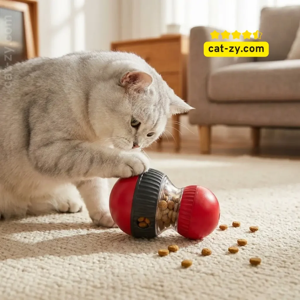 An automatic cat toy puzzle feeder and treat dispenser ball being used by an indoor kitten to control diet, reviewed on cat-zy.