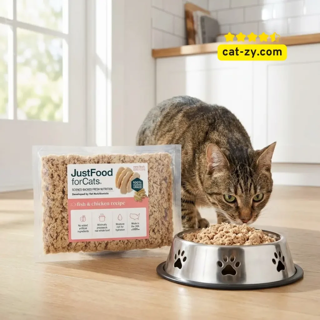 JustFoodForCats human-grade fish and chicken recipe representing high-protein fresh cat food on cat-zy.