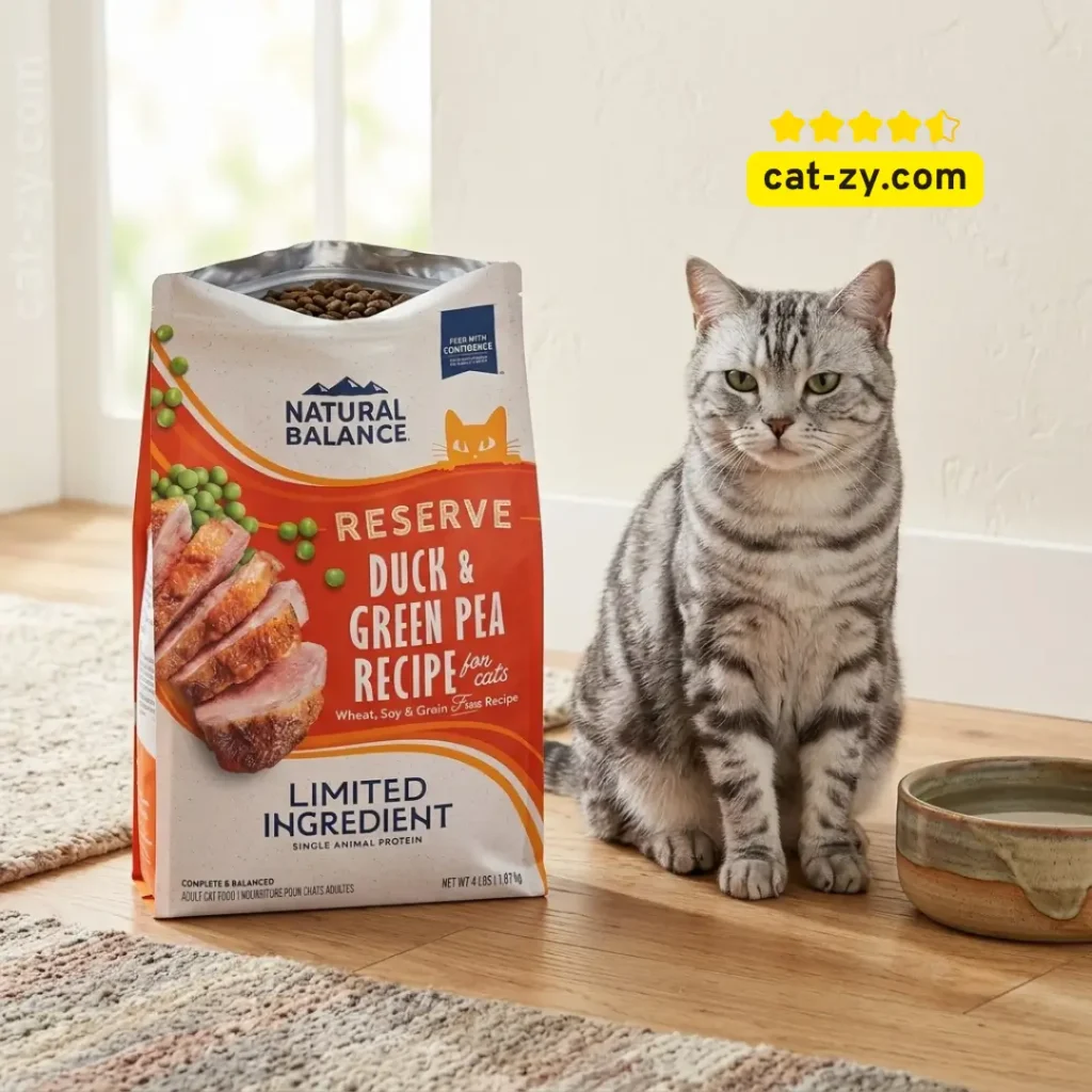 A realistic view of a cat next to a bag of Natural Balance dry food to show scale, as featured on cat-zy