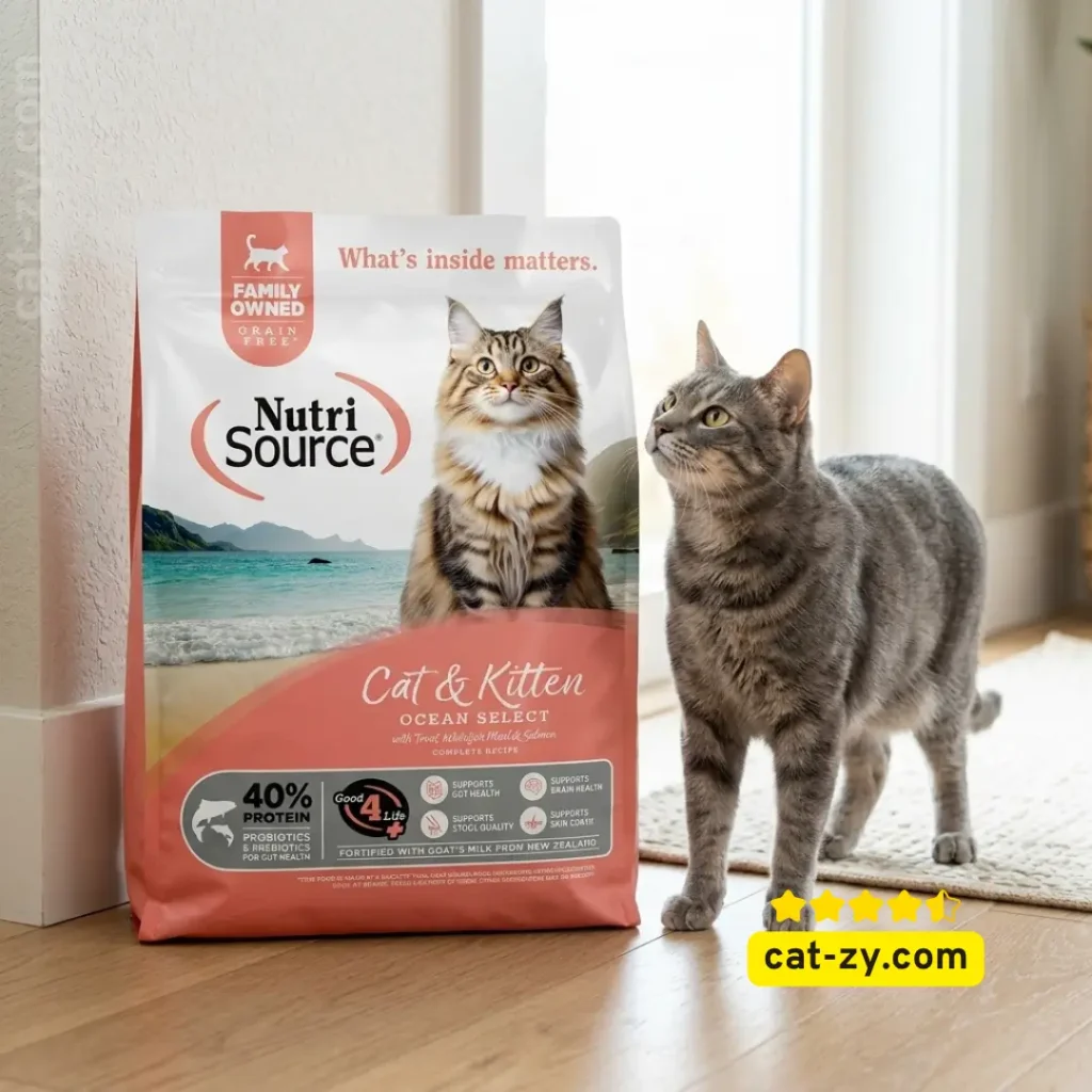 A realistic scene featuring a 12lb bag of NutriSource Grain Free Cat & Kitten Ocean Select next to a curious cat, as seen in an informative article on cat-zy.