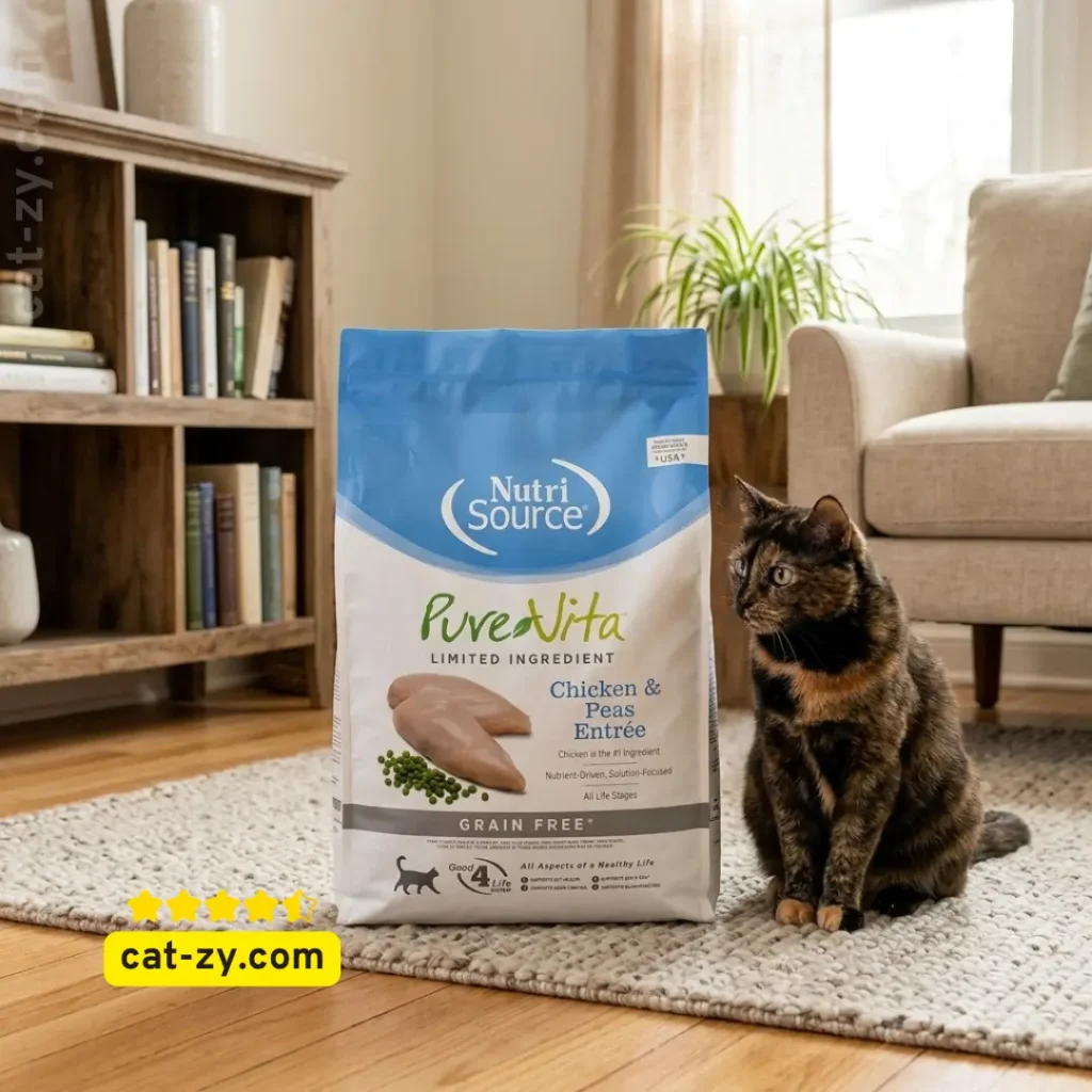 A high quality bag of NutriSource Pure Vita Grain-Free Cat Food next to an adorable cat, showcased for an educational article on cat-zy.