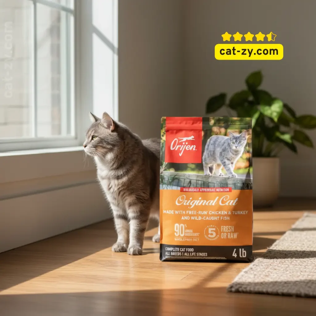 A 4lb bag of ORIJEN Original Recipe high protein dry cat food, analyzed on cat-zy to help owners determine is temptations cat food good for cats compared to biologically appropriate diets.