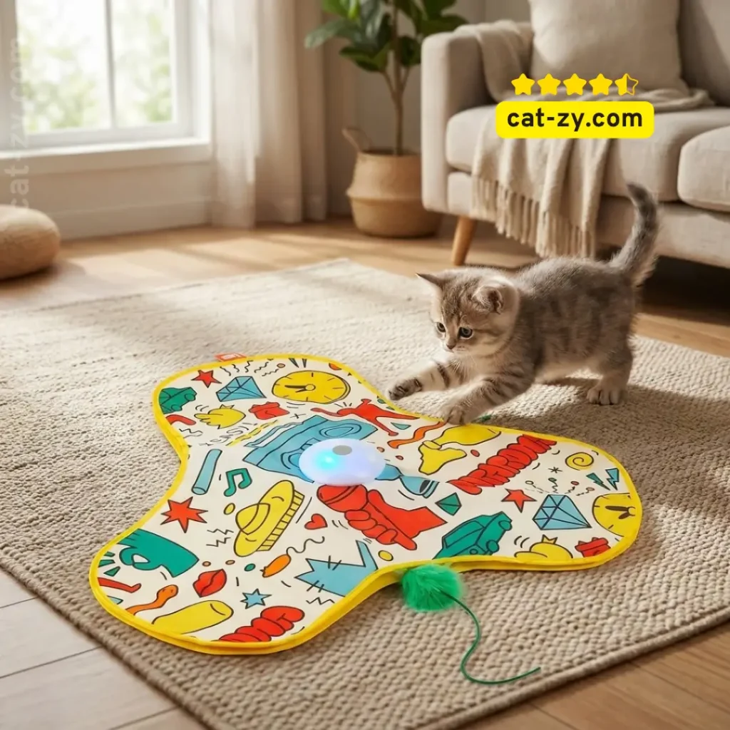 An automatic cat toy with a moving feather wand and graffiti cover reviewed on cat-zy, showing an indoor kitten interacting with the interactive exercise kicker.