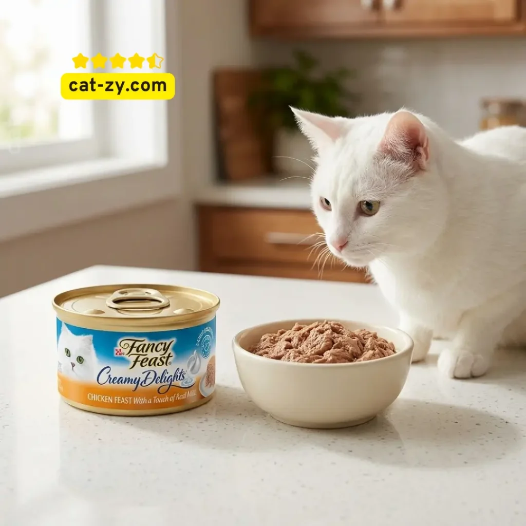 A natural, realistic photo of a cat being served Purina Fancy Feast Creamy Delights soft cat food at home, as featured on cat-zy