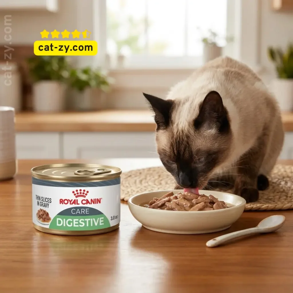 A content-focused shot of Royal Canin soft cat food served in a bowl, reviewed by cat-zy