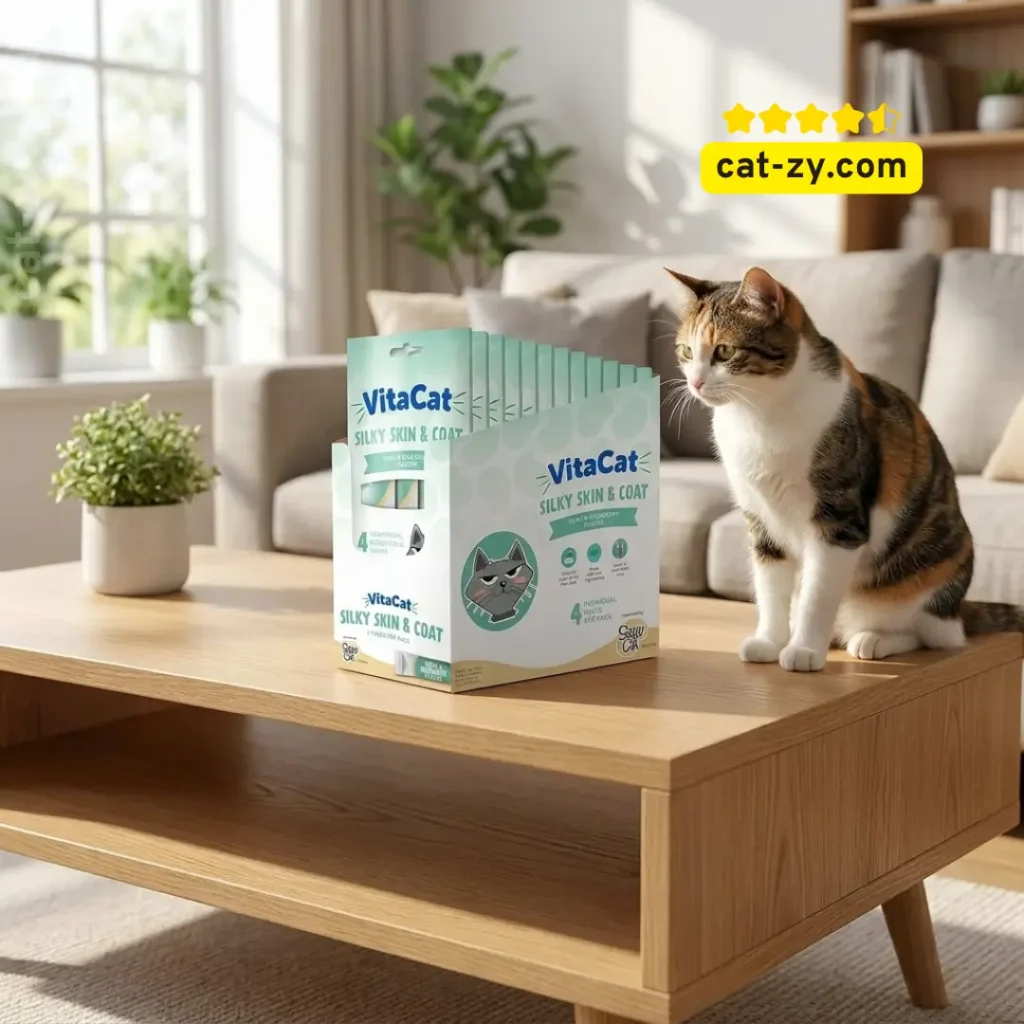 A domestic cat next to Salty Cat VitaCat Silky Skin & Coat treats box to help explain why do cats bite you on cat-zy.