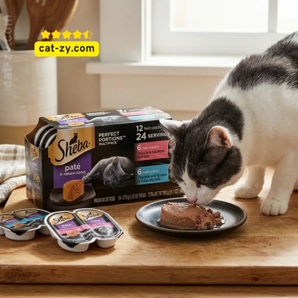 A natural, realistic photo of a cat being served Sheba Perfect Portions soft cat food at home, as featured on cat-zy
