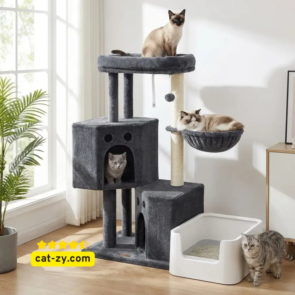 A compact 40-inch dark grey cat tree with litter box area set up in a modern living room on cat-zy.