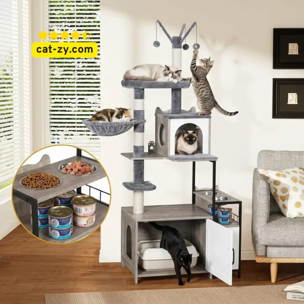 Snughome modern cat tree with litter box enclosure and a built-in food station with filled bowls on cat-zy.