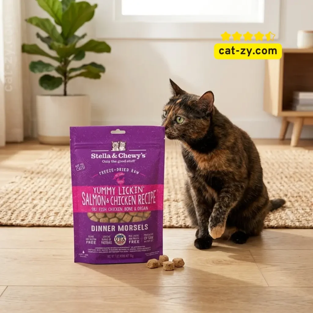 A curious cat exploring high-quality natural cat food from Stella & Chewy's, featured in an educational article on cat-zy