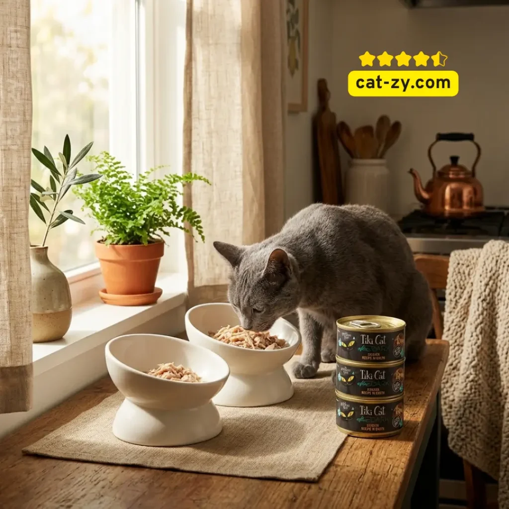 A happy cat eating natural cat food from Tiki Cat After Dark, featured in a cozy home setting for cat-zy.