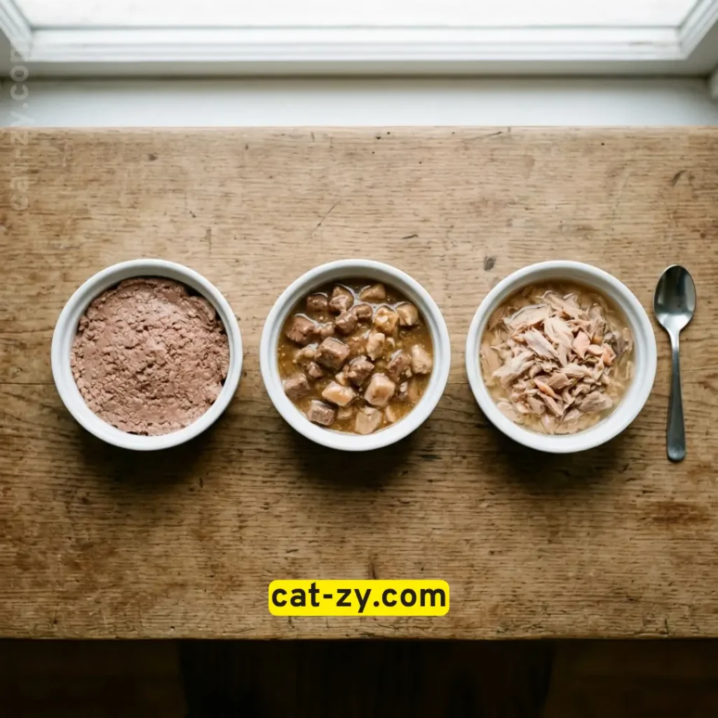 Different textures of soft cat food including pâté and gravy, cat-zy