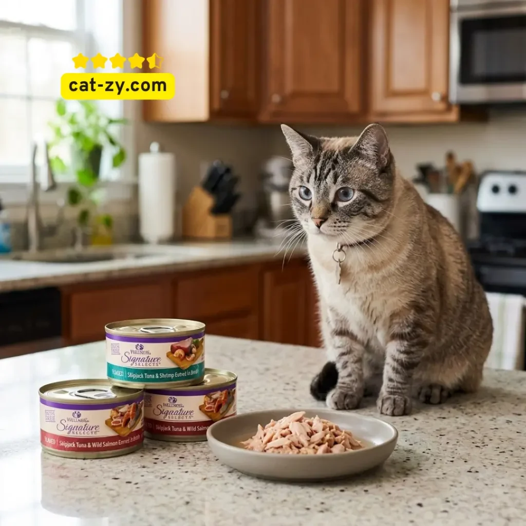A natural, realistic photo of a cat being served Wellness Signature Select soft cat food at home, as featured on cat-zy