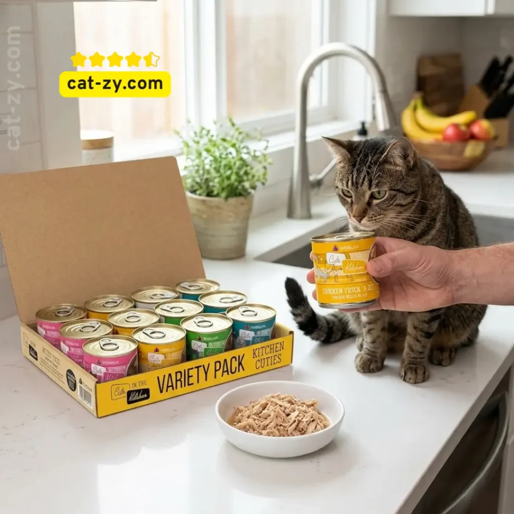 A natural, realistic photo of a cat being served Weruva Cats in The Kitchen soft cat food at home, as featured on cat-zy