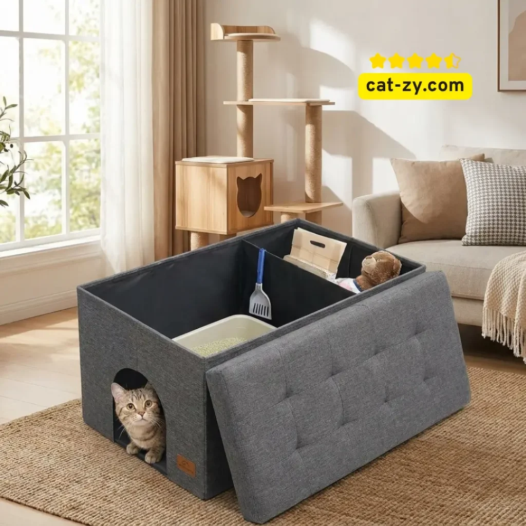 Zerbuger grey X-Large cat litter box enclosure ottoman for odor control and hidden storage on cat-zy.