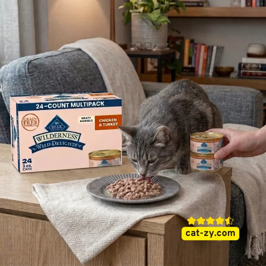 Blue Buffalo Wilderness Wild Delights chicken and turkey recipe cat wet food multipack evaluated in a nutritional review on cat-zy.