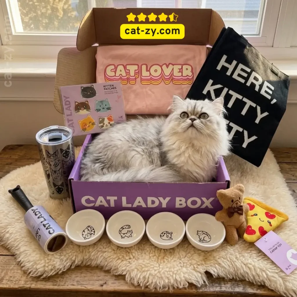 A fluffy Persian cat resting inside the purple Cat Lady Box subscription box, surrounded by all its original items (t-shirt, bowls, toys, etc.) as reviewed by cat-zy