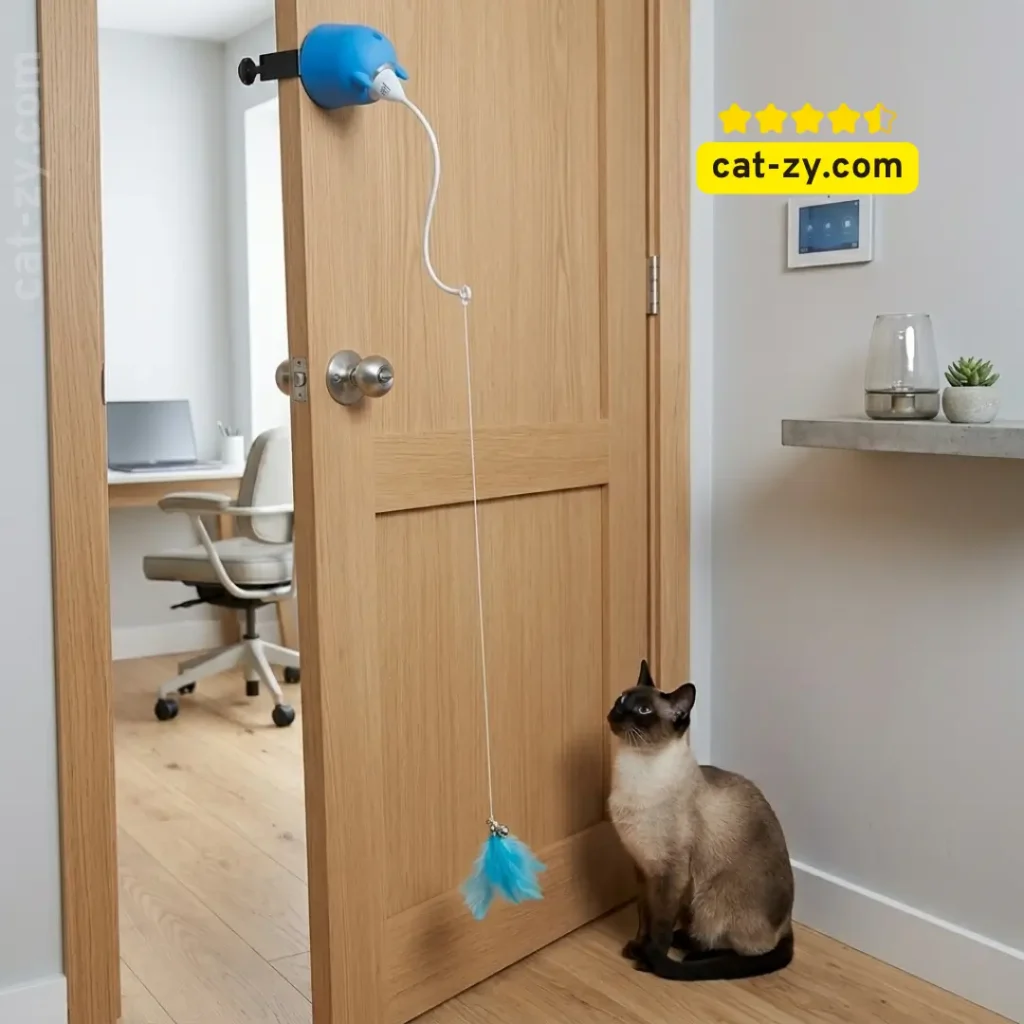 A cat observing a hanging electric toy on a door, featured as a pet enrichment idea on cat-zy.