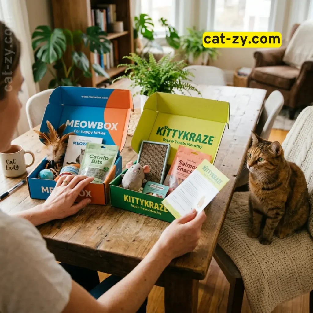 Pet owner comparing cat subscription box options to choose the right one, cat-zy